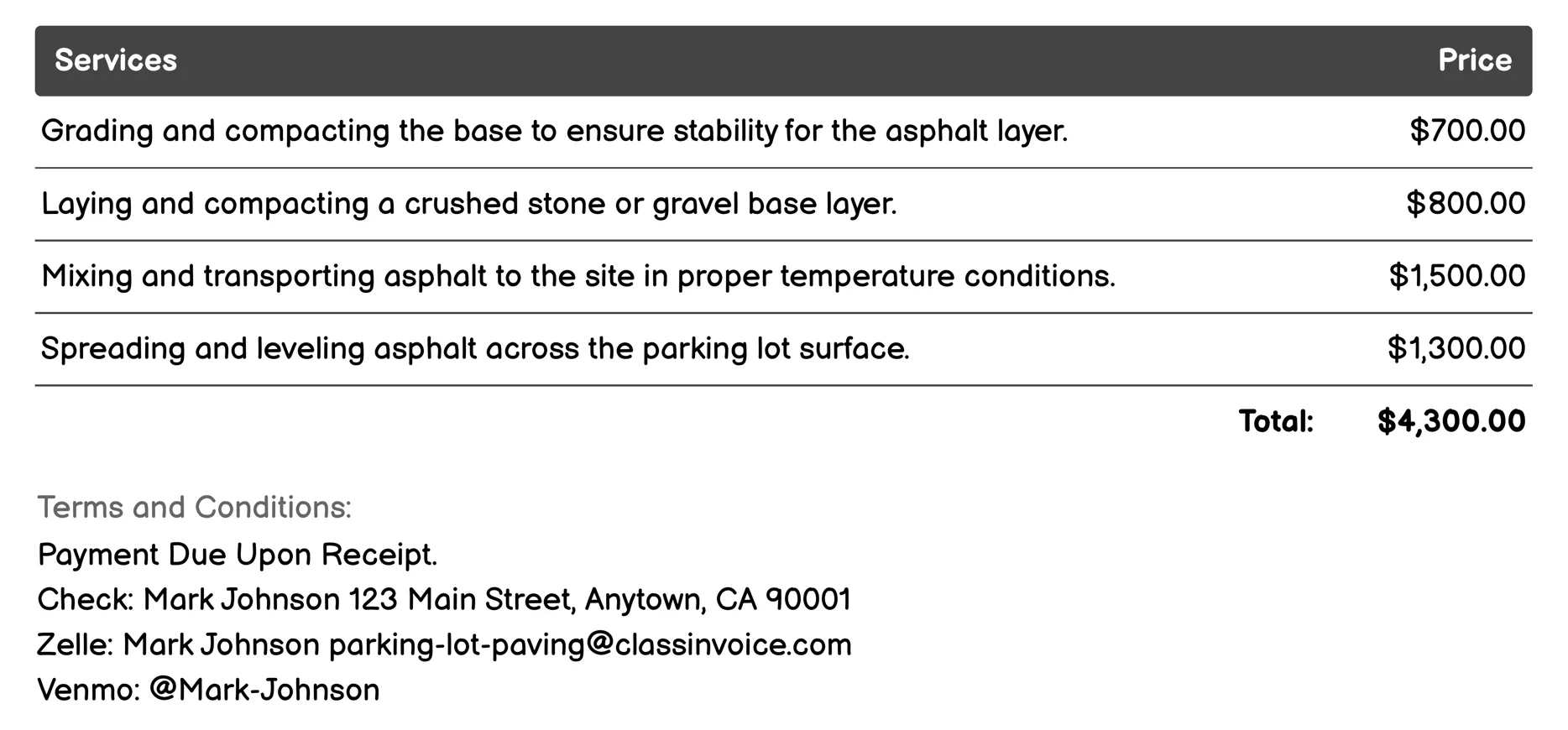 Asphalt Parking Lot Paving Invoice Example