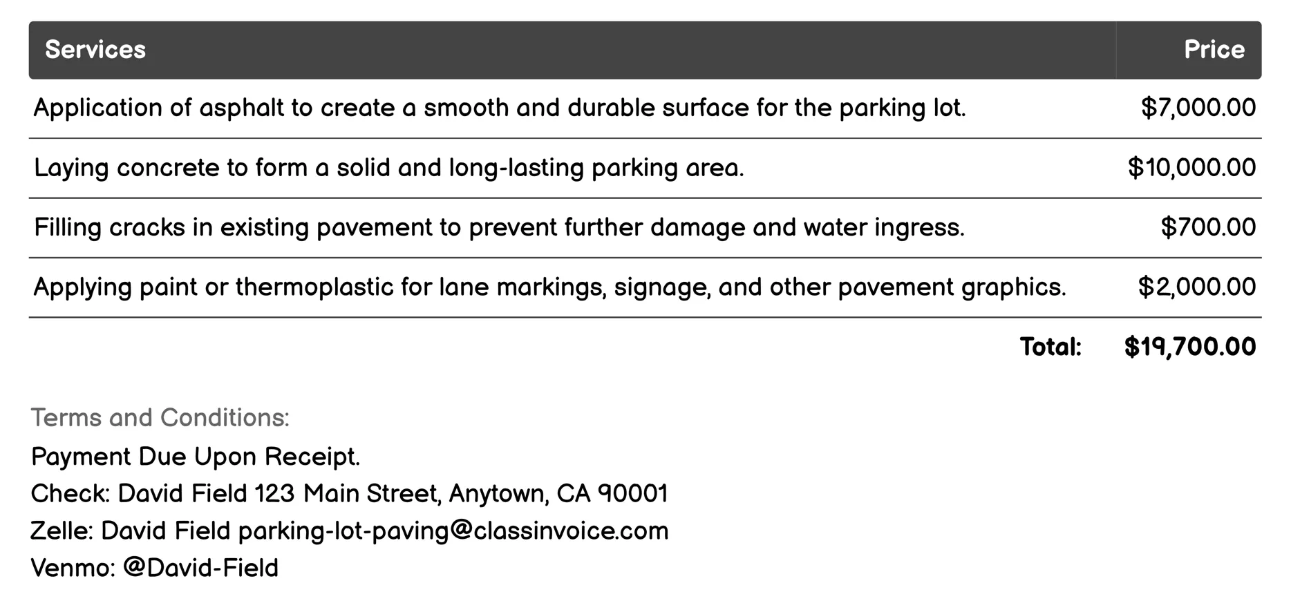 Commercial Parking Lot Paving Invoice Example