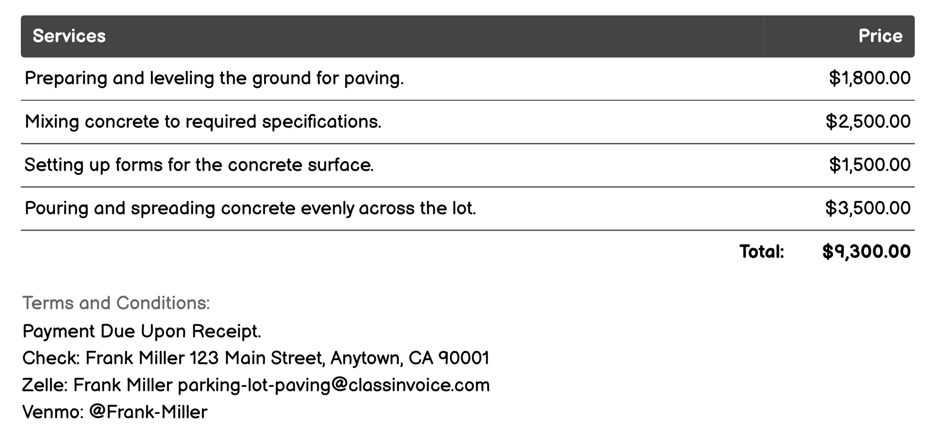Concrete Parking Lot Paving Invoice Example