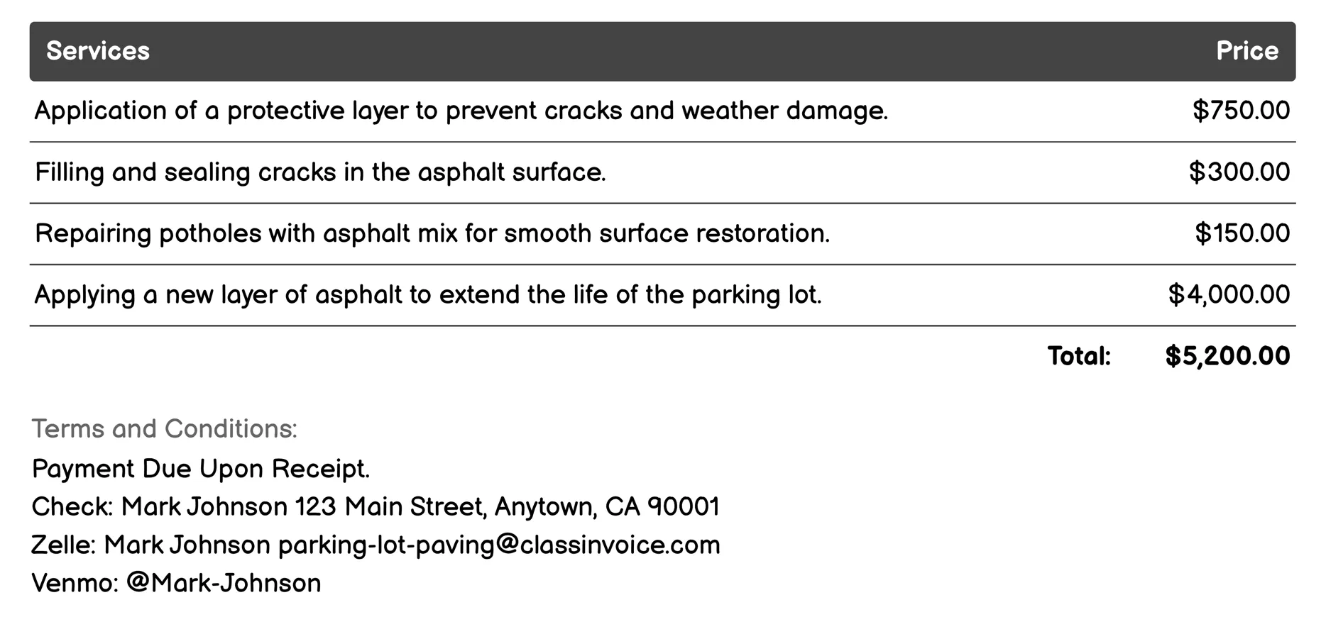 Parking Lot Maintenance Invoice Example