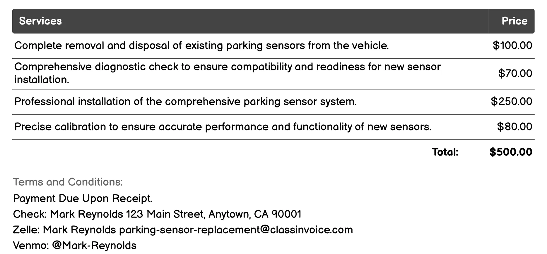 Comprehensive Parking Sensor System Replacement Invoice Example