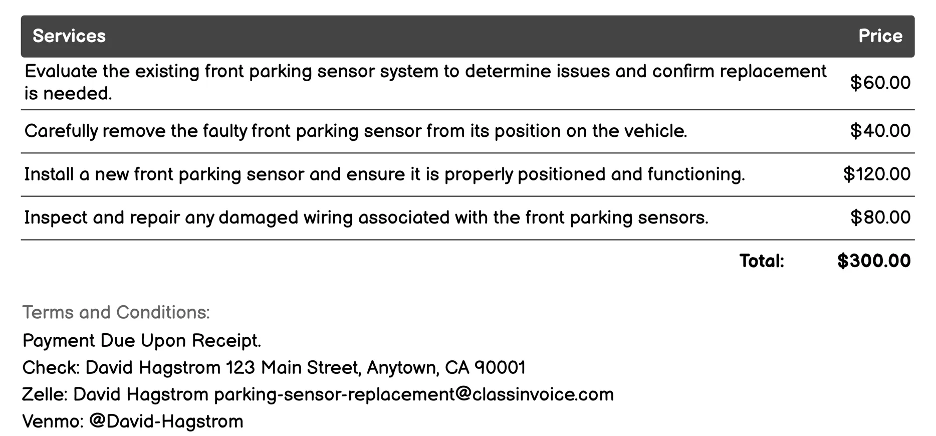 Front Parking Sensor Replacement Invoice Example