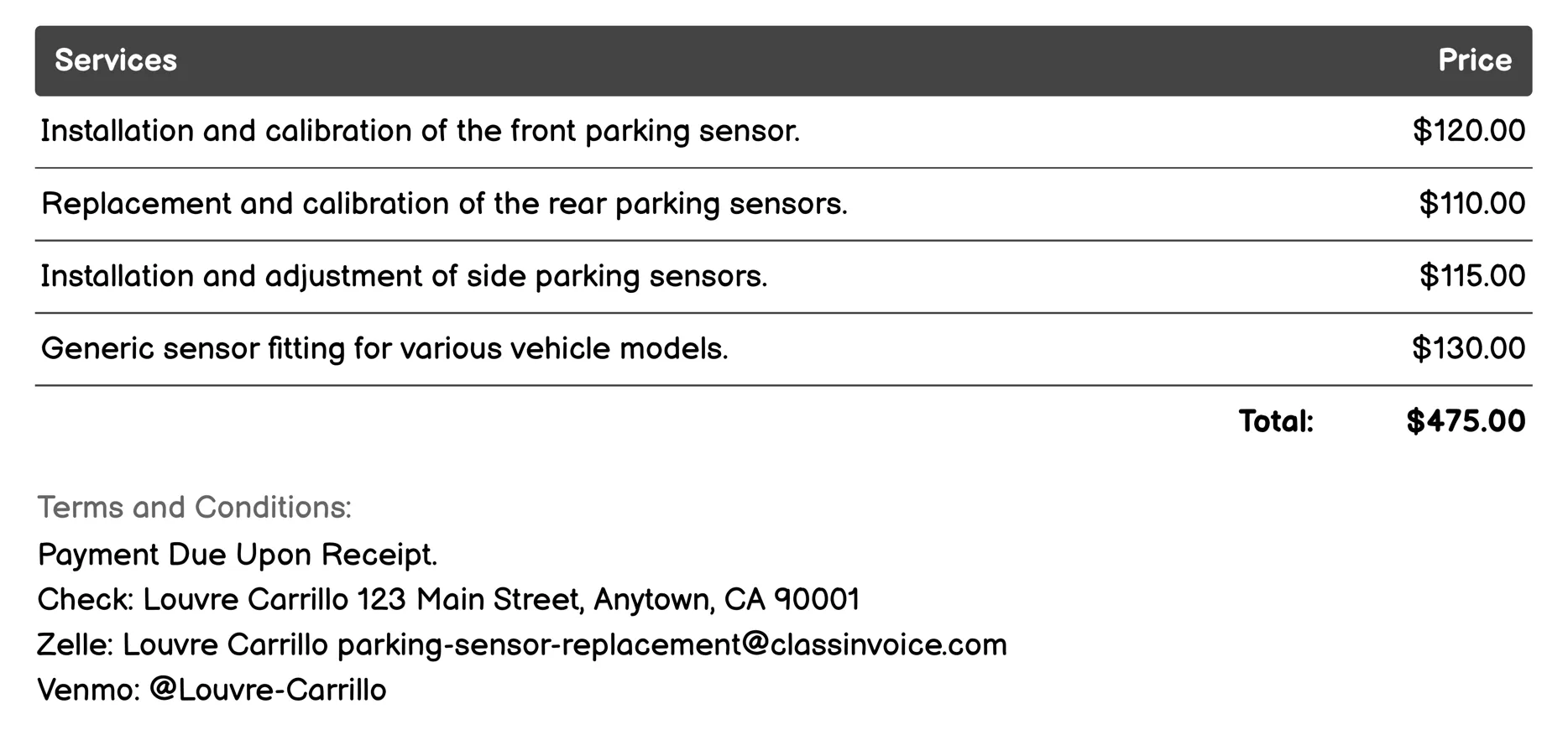 Sensor Calibration Service Invoice Example