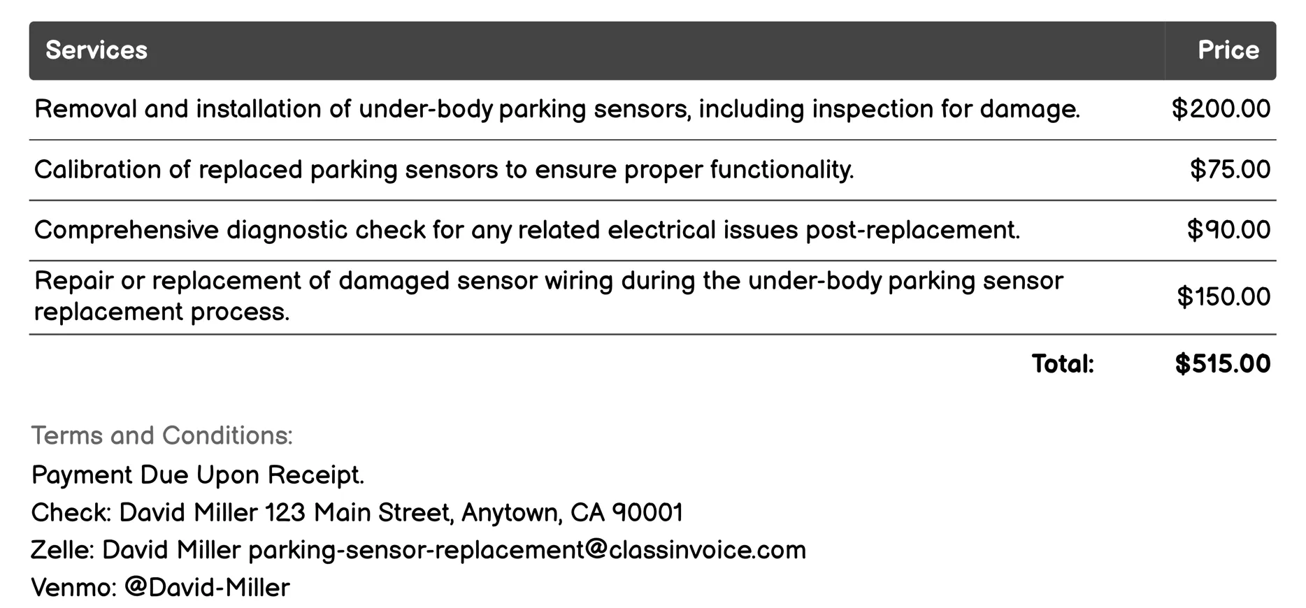 Under-Body Parking Sensor Replacement Invoice Example