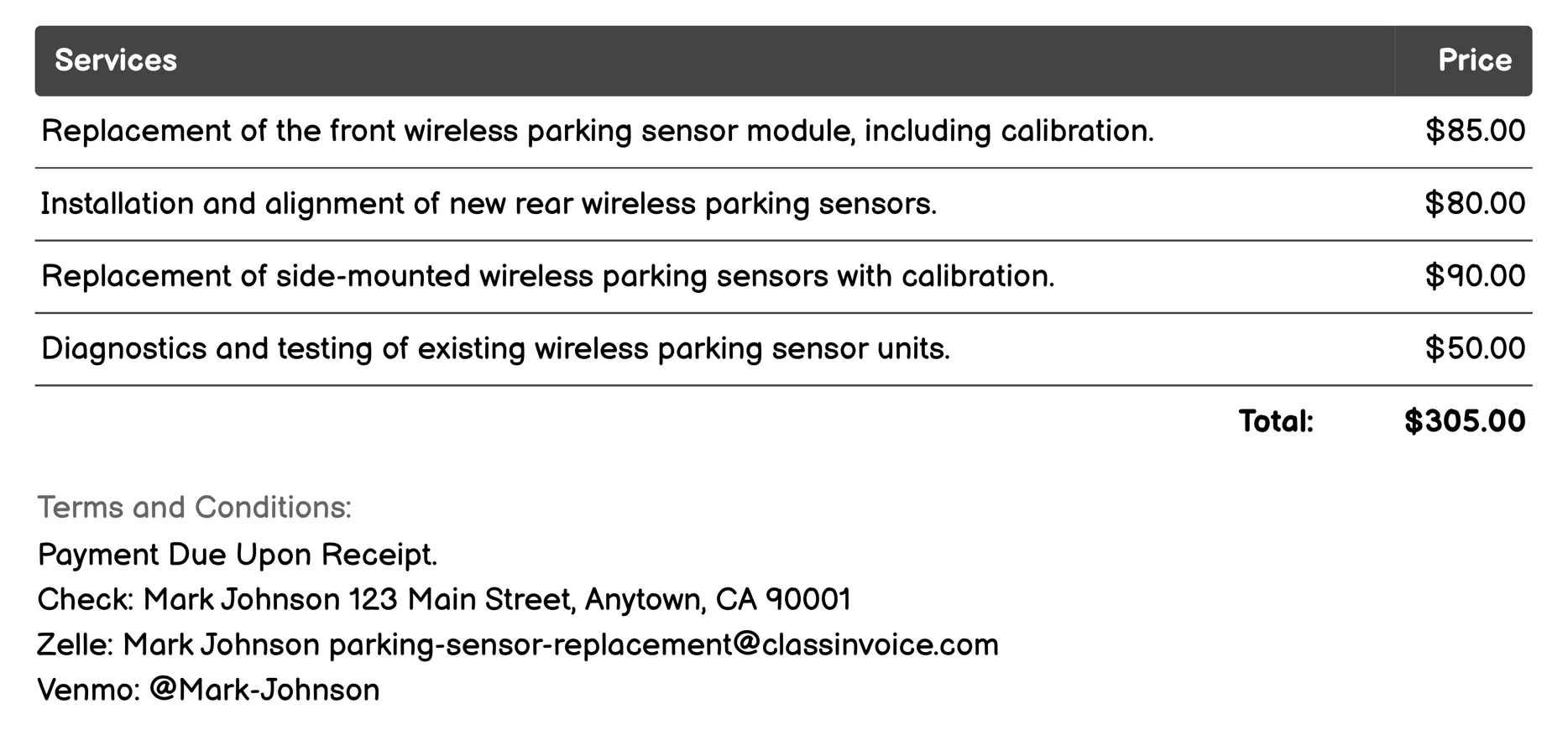 Wireless Parking Sensor Replacement Invoice Example