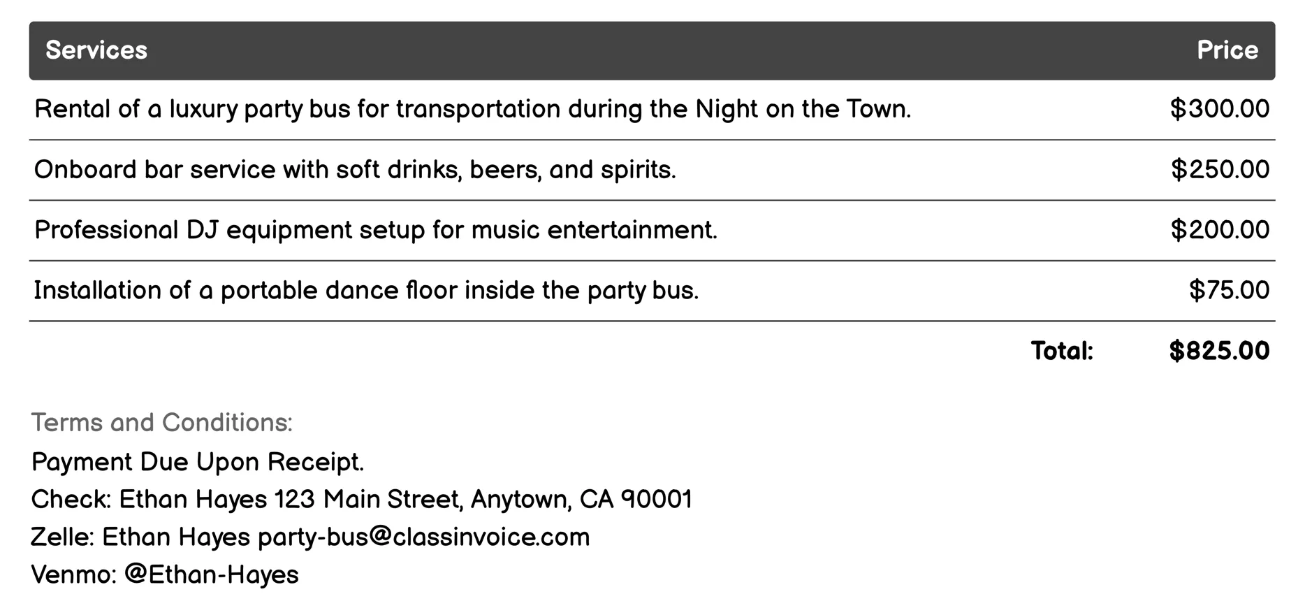 Night on the Town Invoice Example