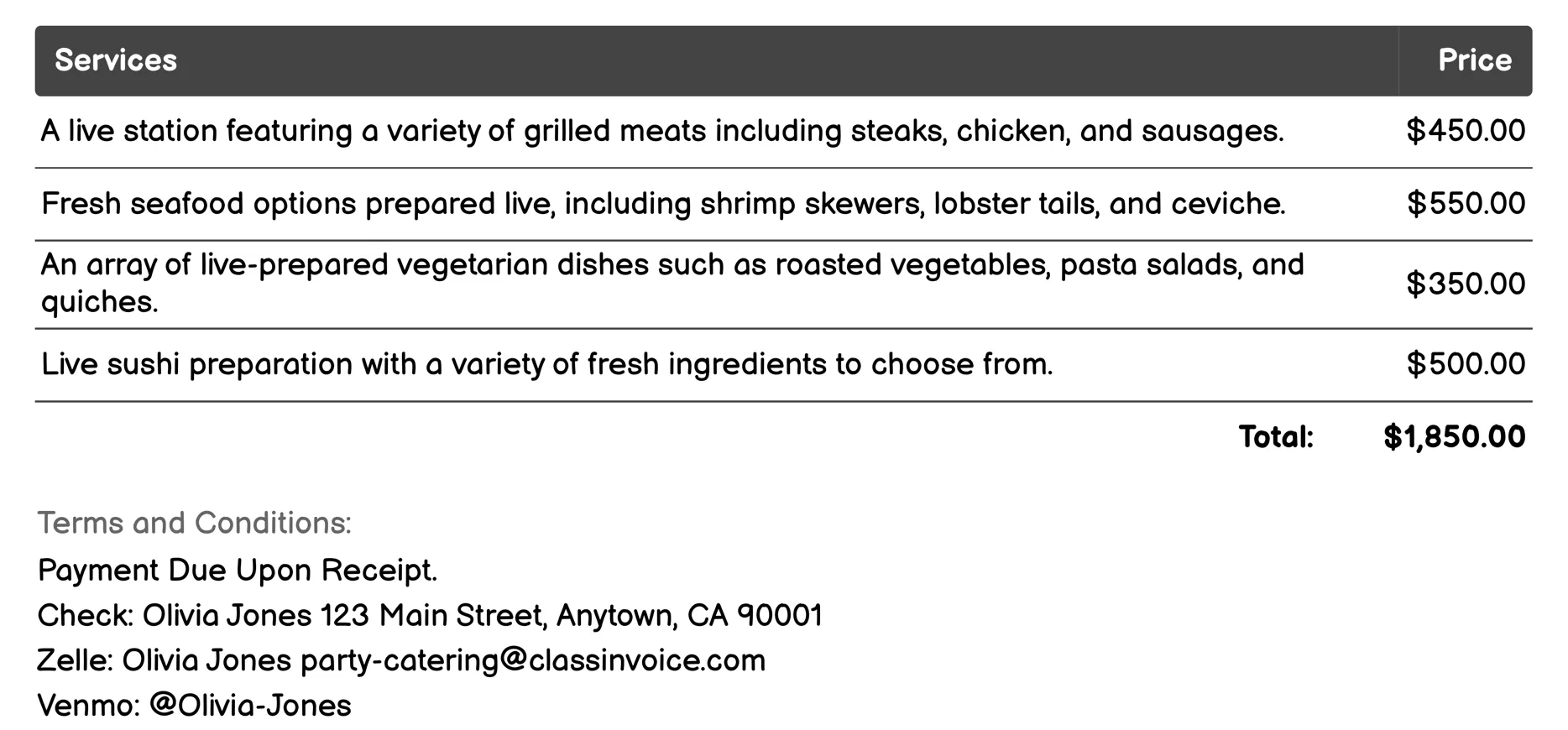 Catering with Live Stations Invoice Example