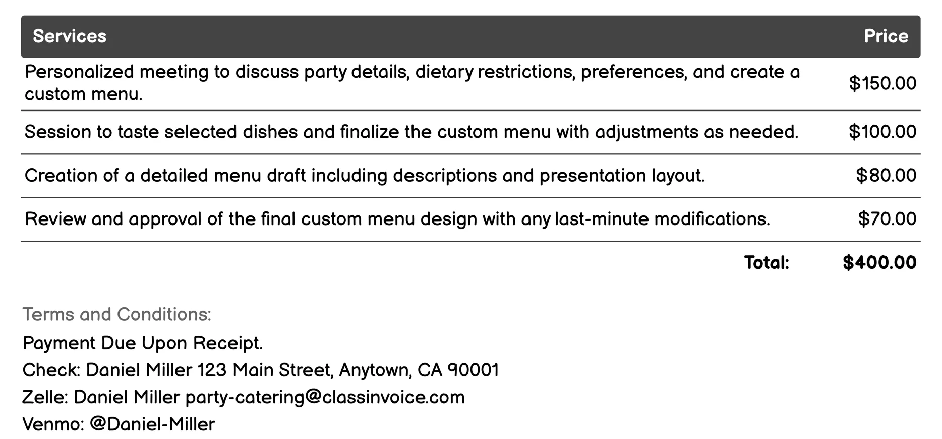 Custom Menu Design Invoice Example