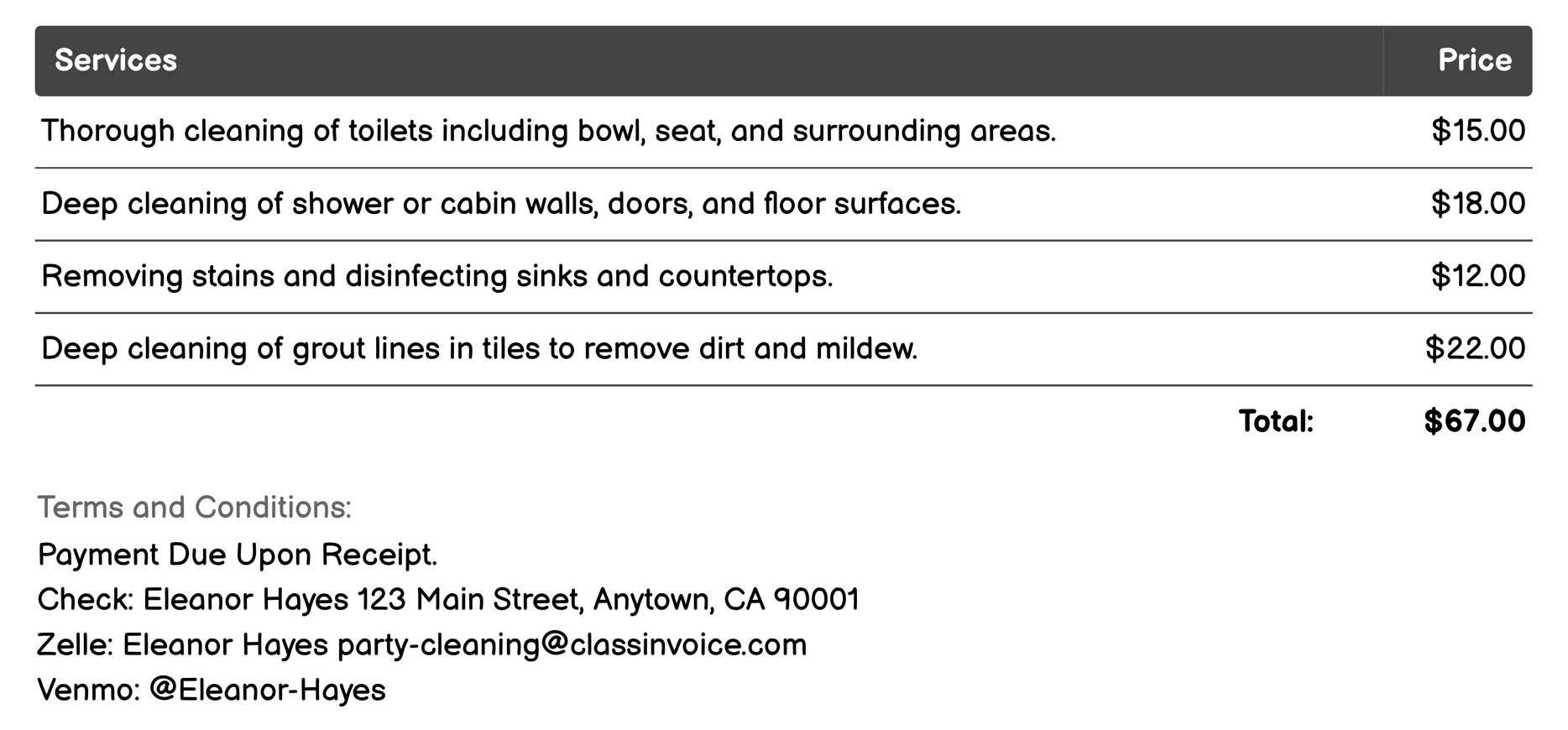 Bathroom Sanitization Invoice Example