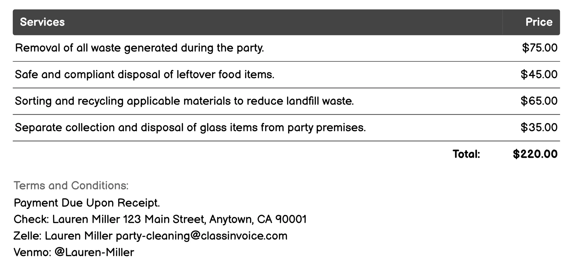 Waste Disposal Services Invoice Example
