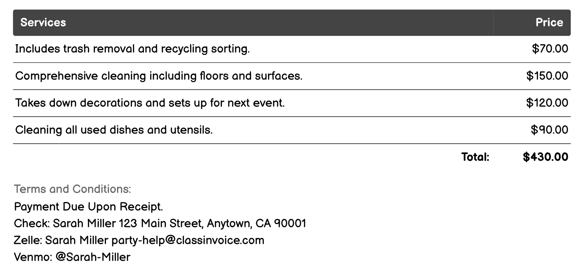 Cleanup Services Invoice Example