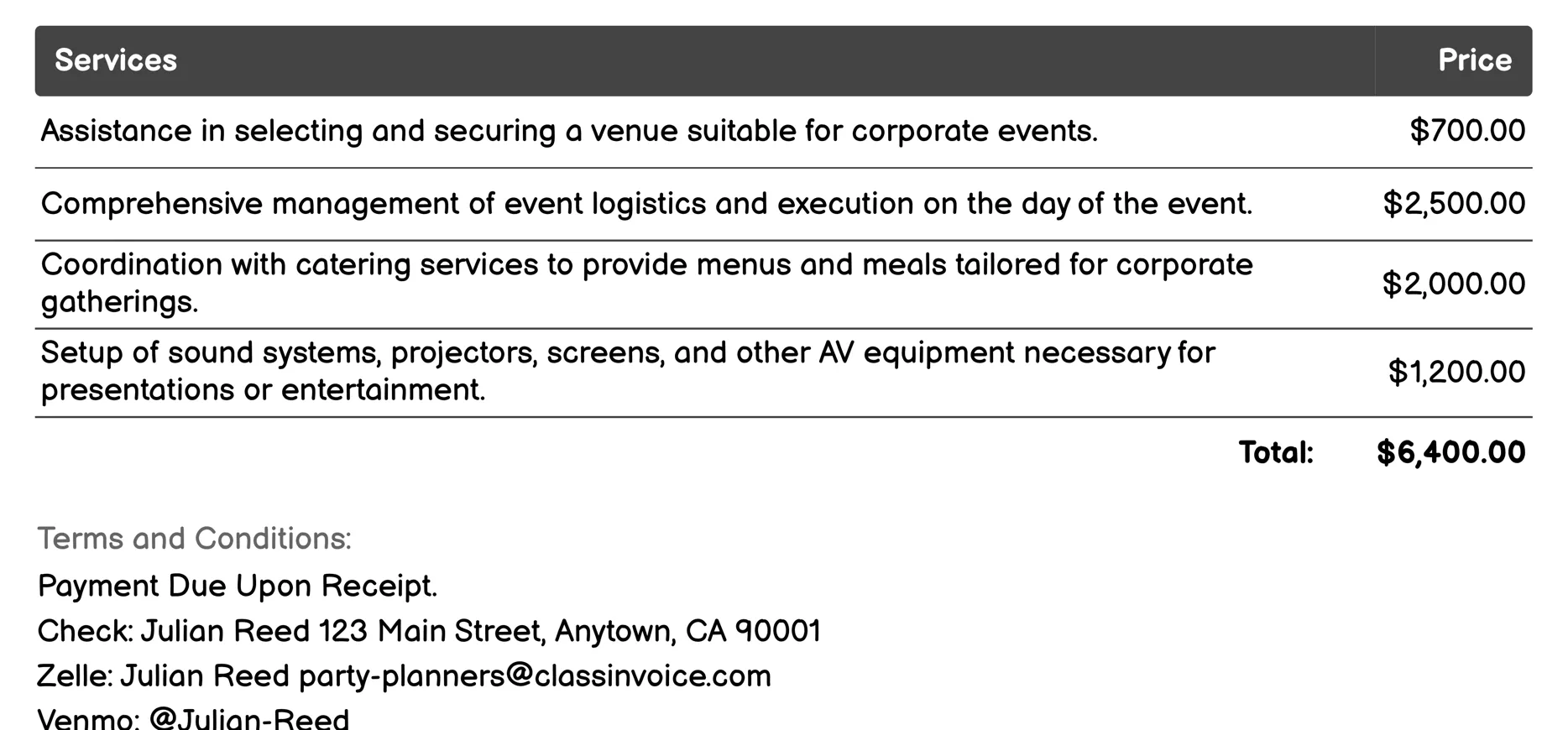 Corporate Event Planning Invoice Example