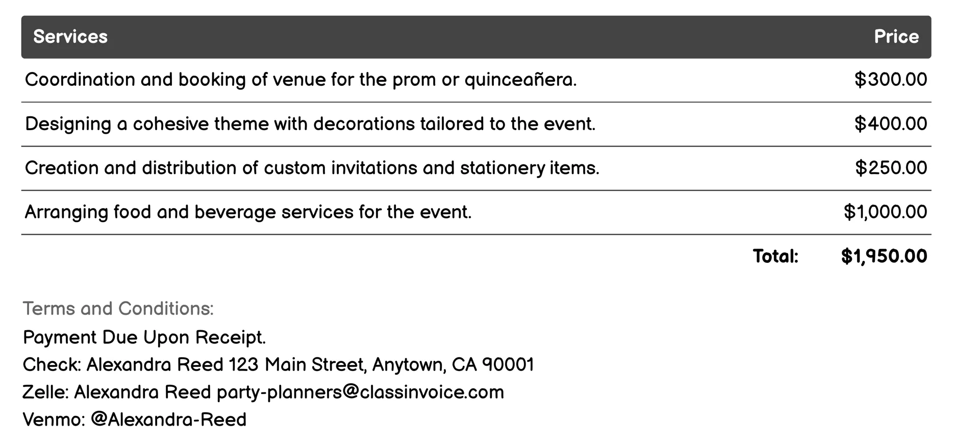 Prom or Quinceañera Planning Invoice Example