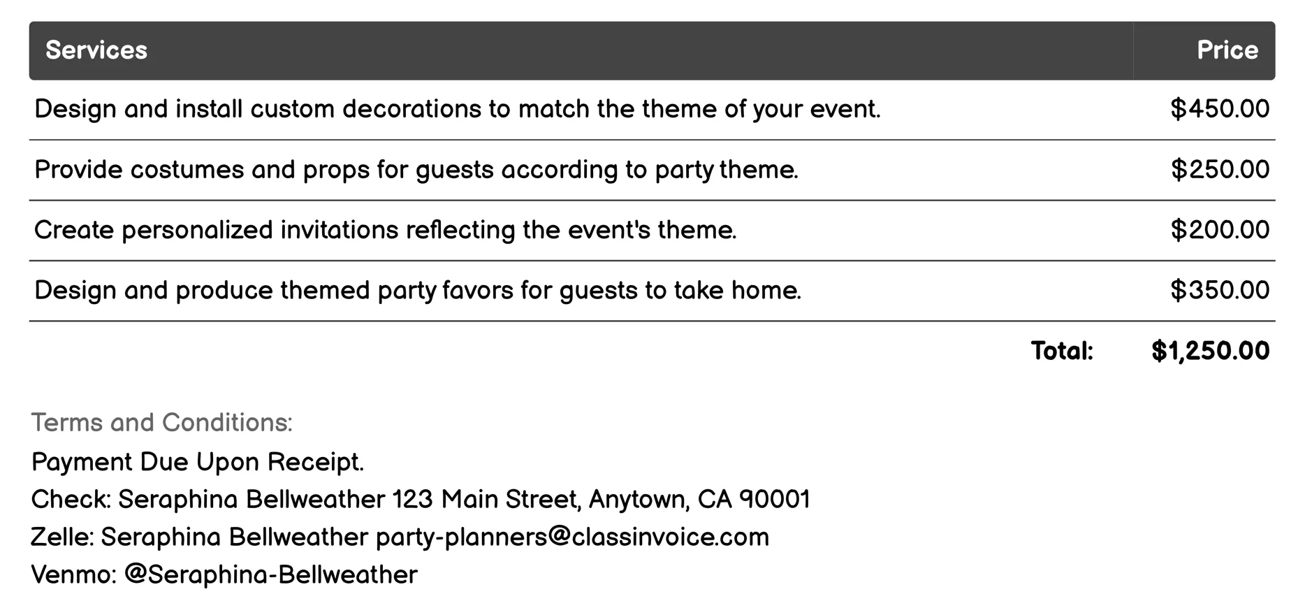 Themed Party Planning Invoice Example