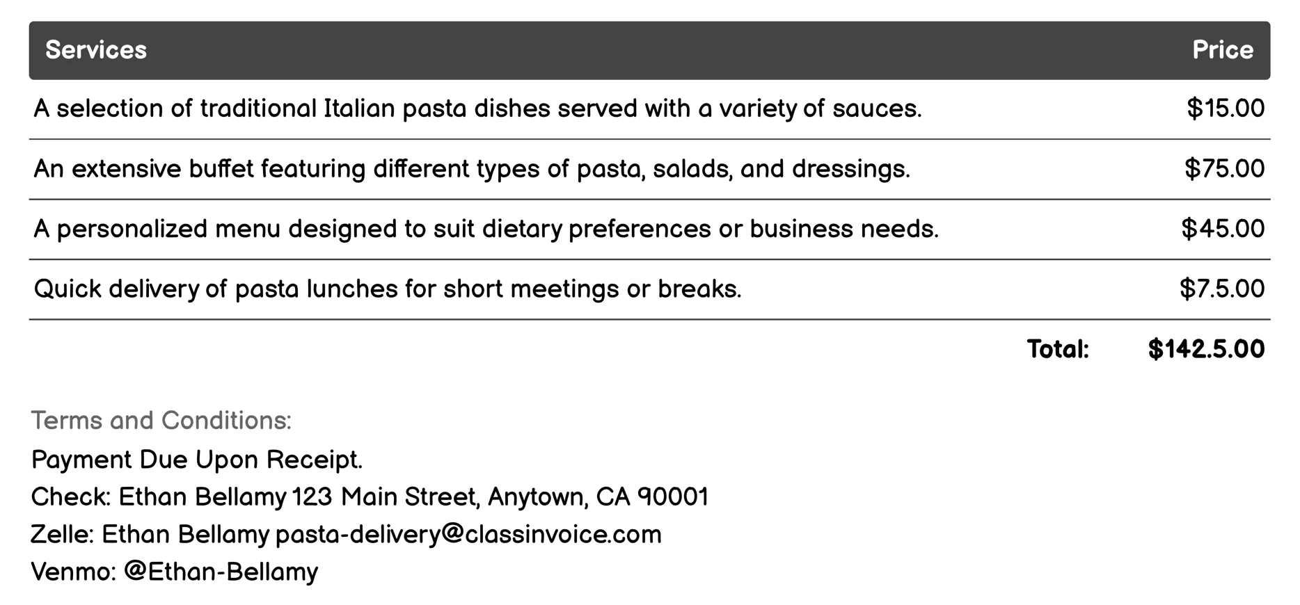Corporate Catering Invoice Example