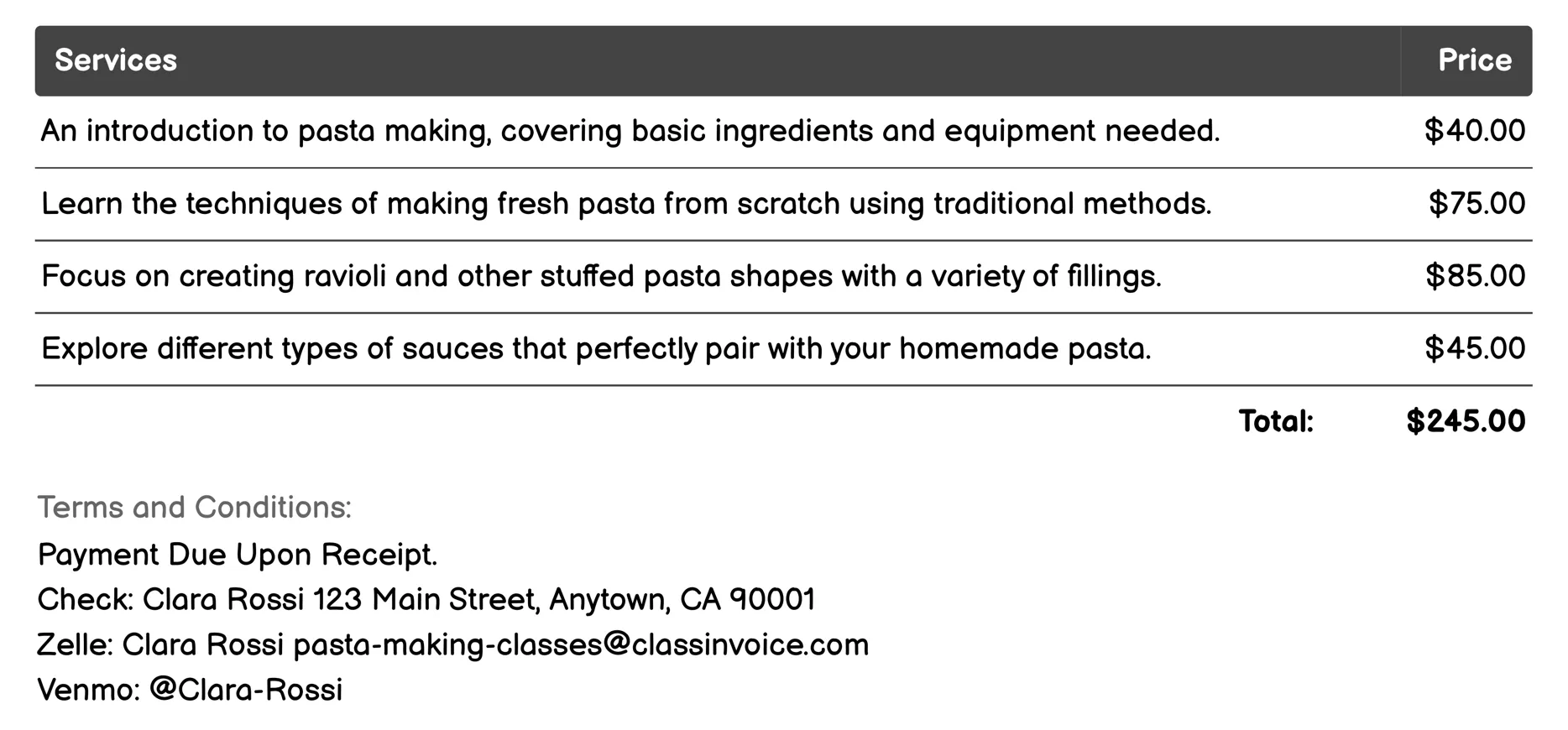 Beginner Pasta Making Invoice Example