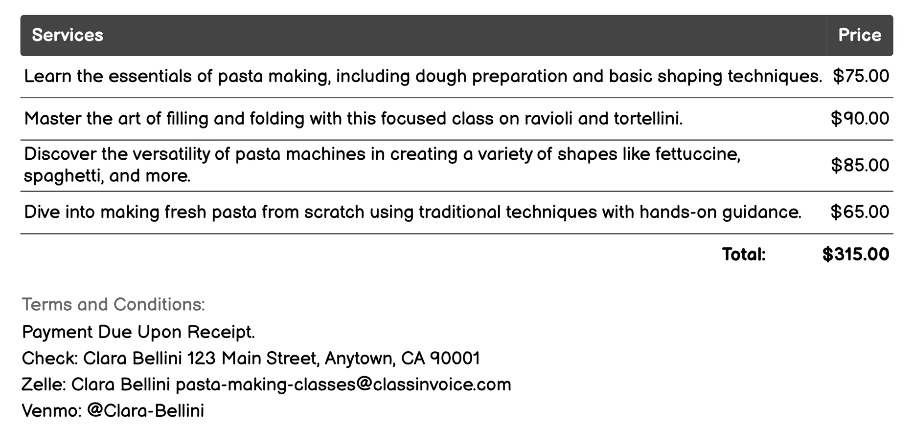 Family Pasta Making Day Invoice Example