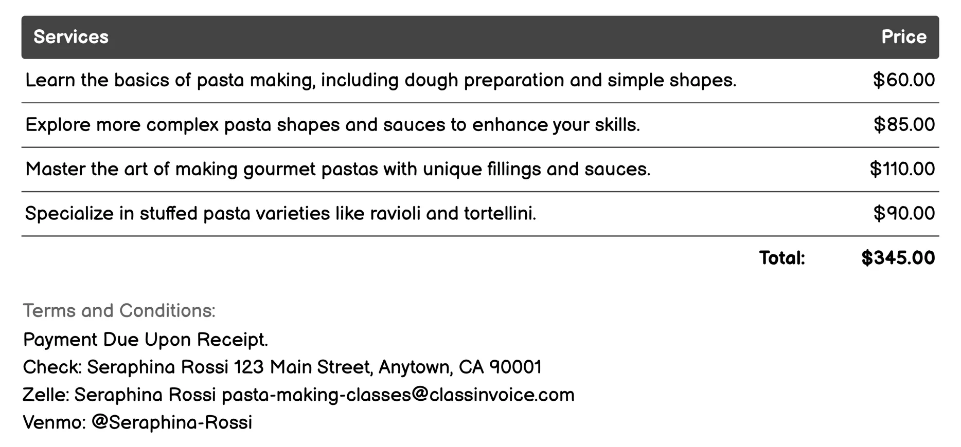 Innovative Pasta Creations Invoice Example