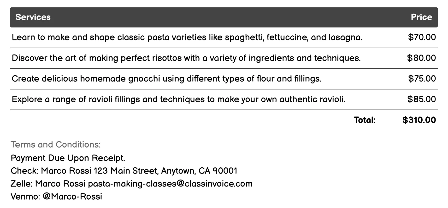 Italian Regional Pasta Styles Invoice Example