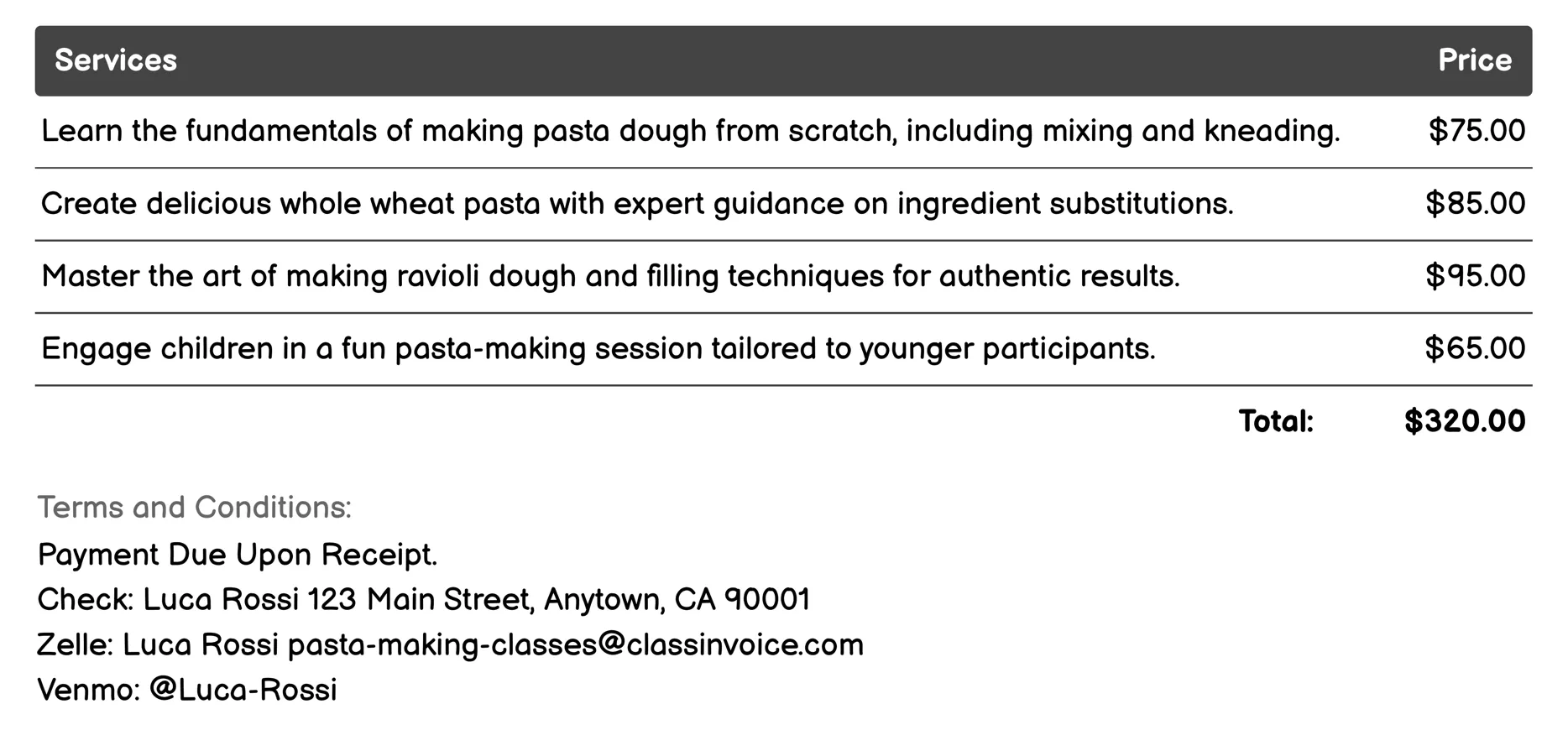 Pasta Dough from Scratch Invoice Example