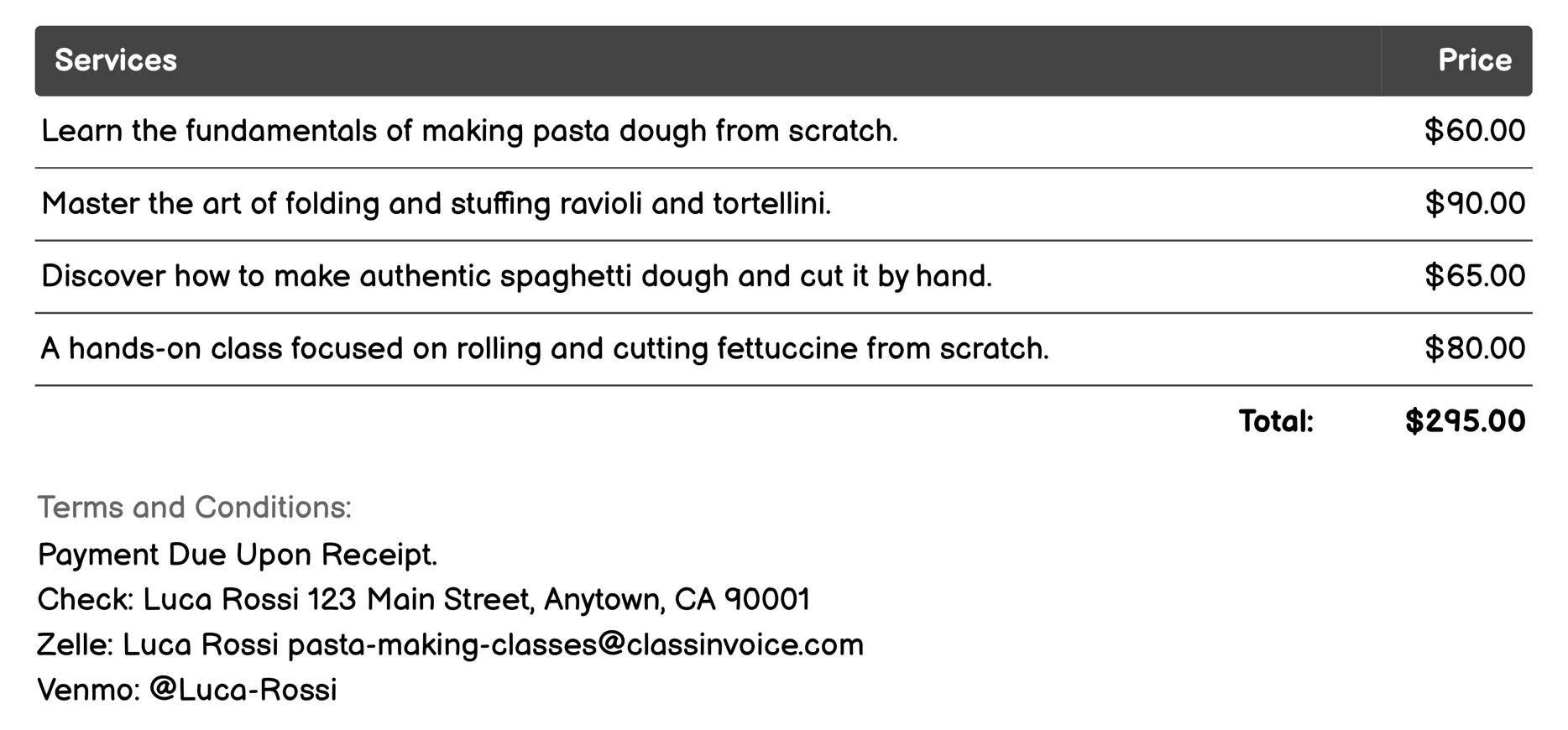 Pasta Pairing and Sauces Invoice Example
