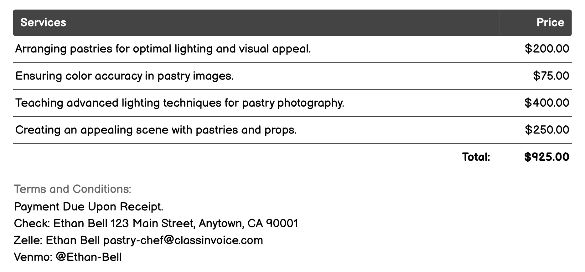 Food Photography and Styling Invoice Example