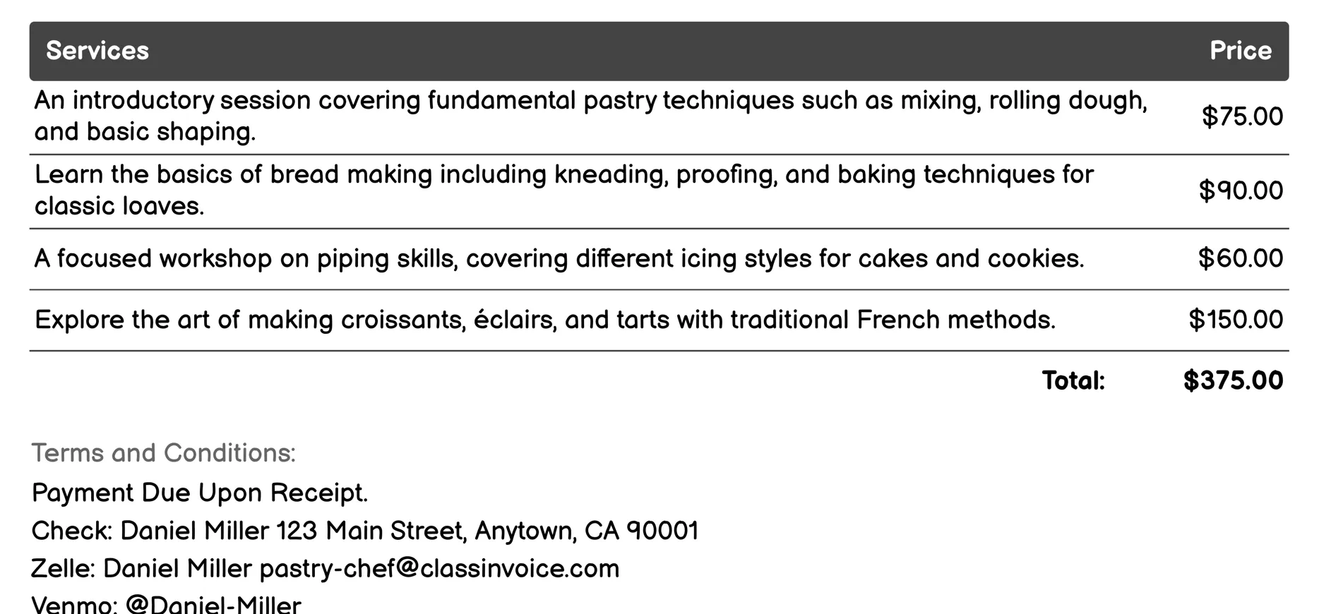 Pastry Workshops and Classes Invoice Example