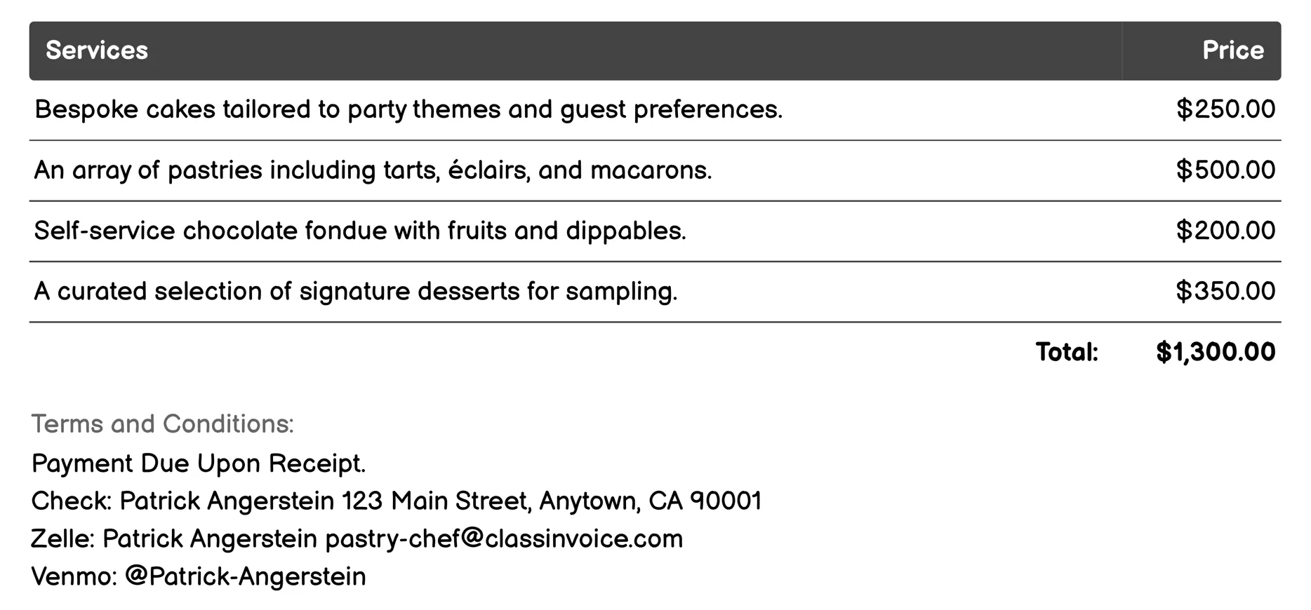 Private Parties Invoice Example