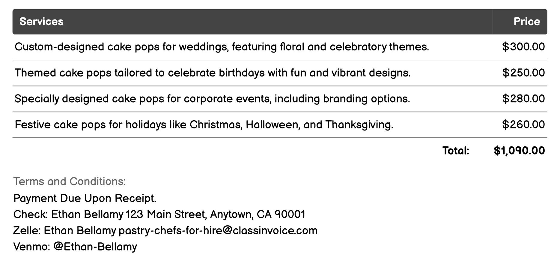 Cake Pop Artist Invoice Example