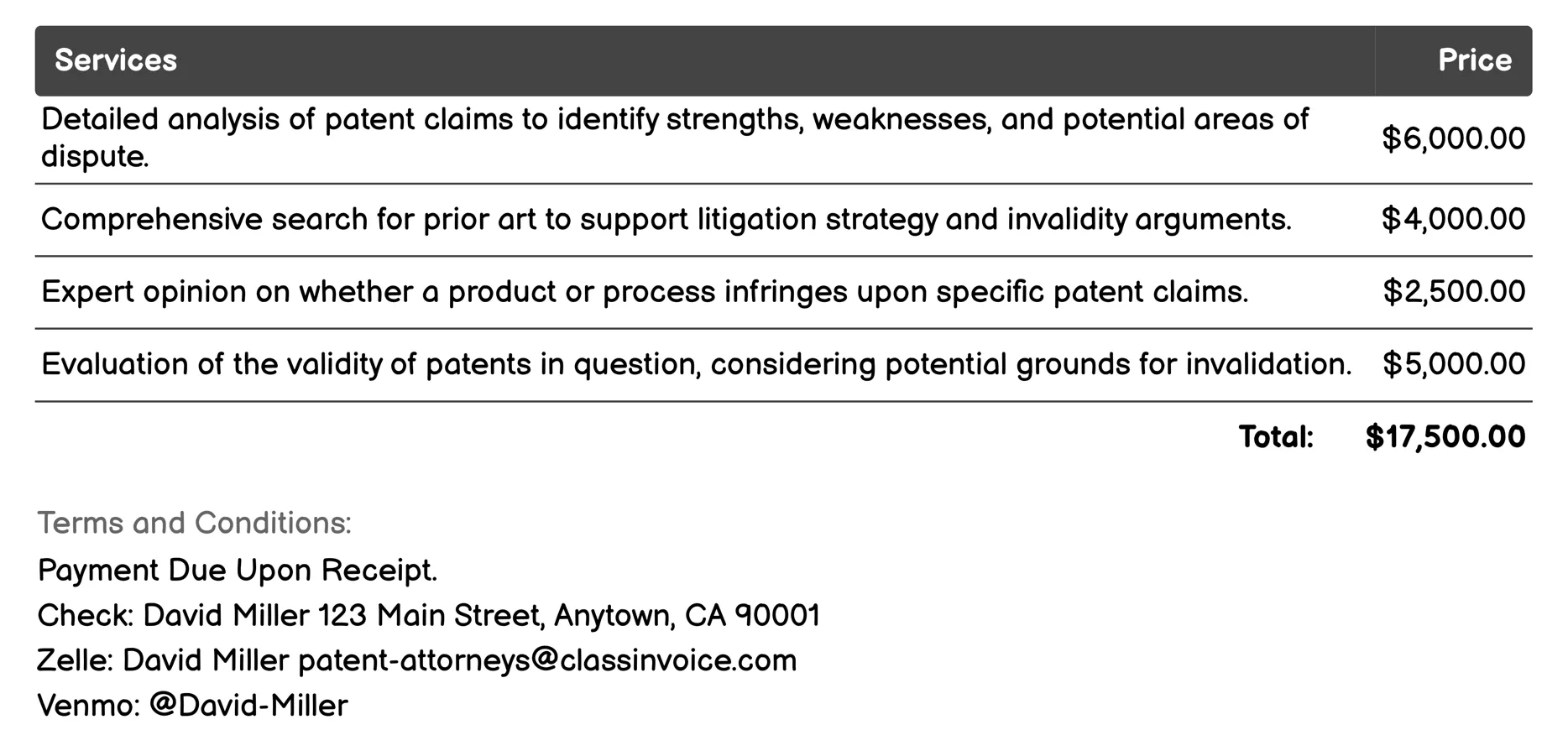 Patent Litigation Support Invoice Example
