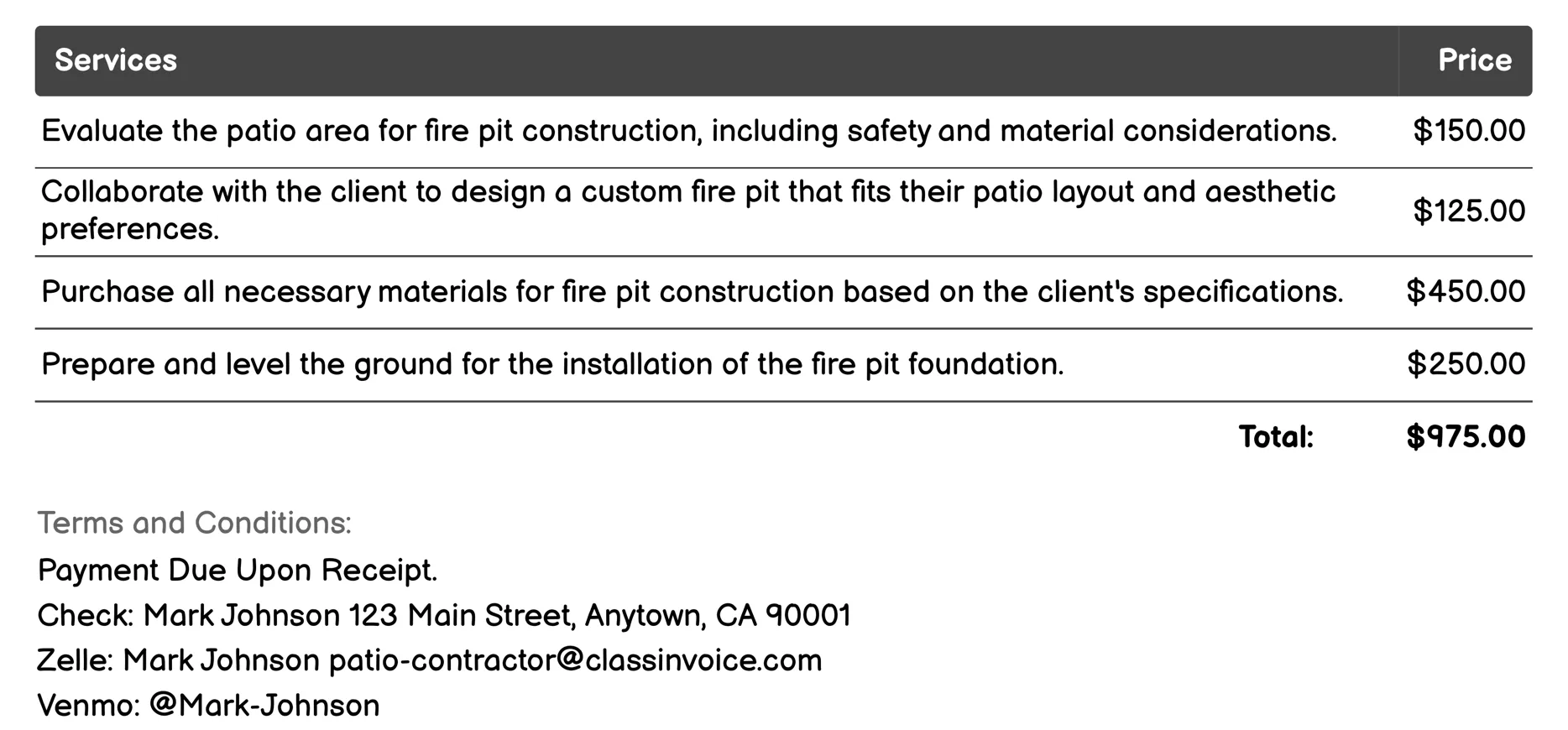 Fire Pit Construction Invoice Example