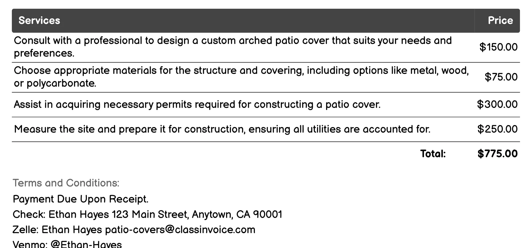 Arched Patio Covers Invoice Example