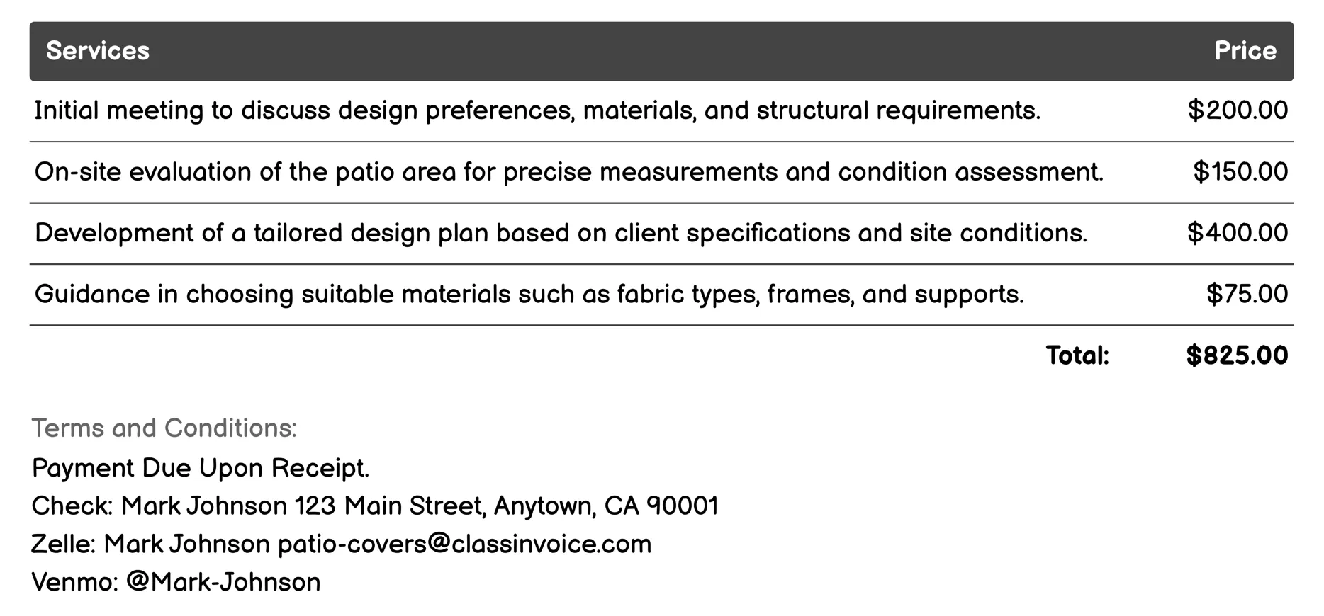Custom Patio Covers Invoice Example