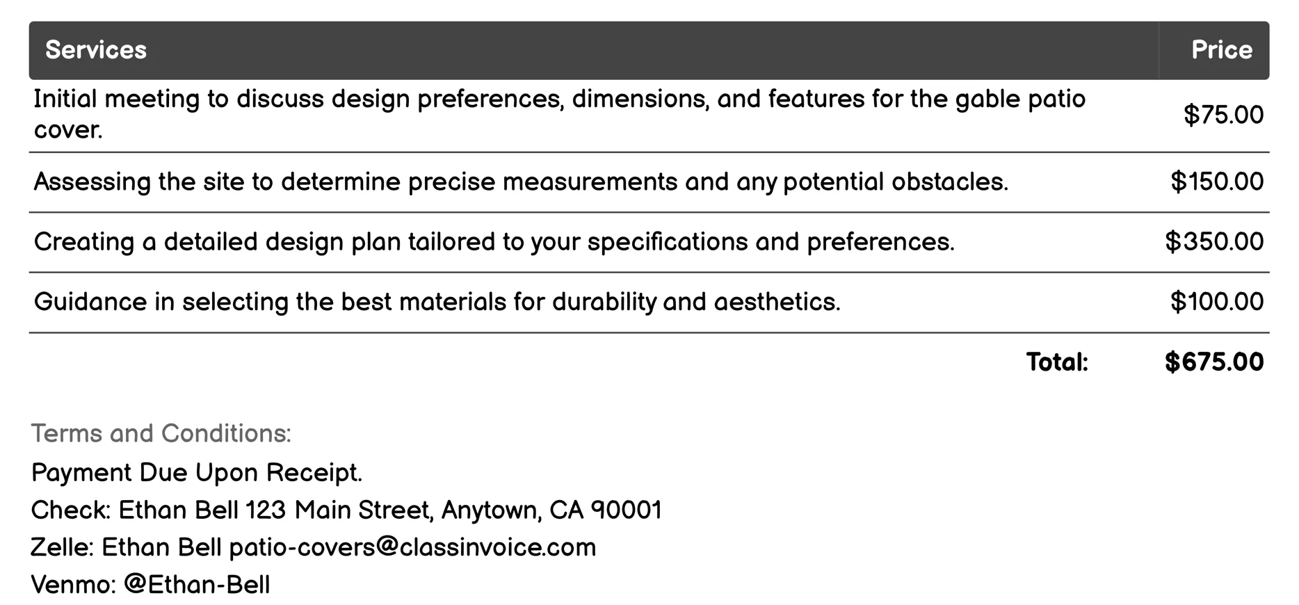 Gable Patio Covers Invoice Example