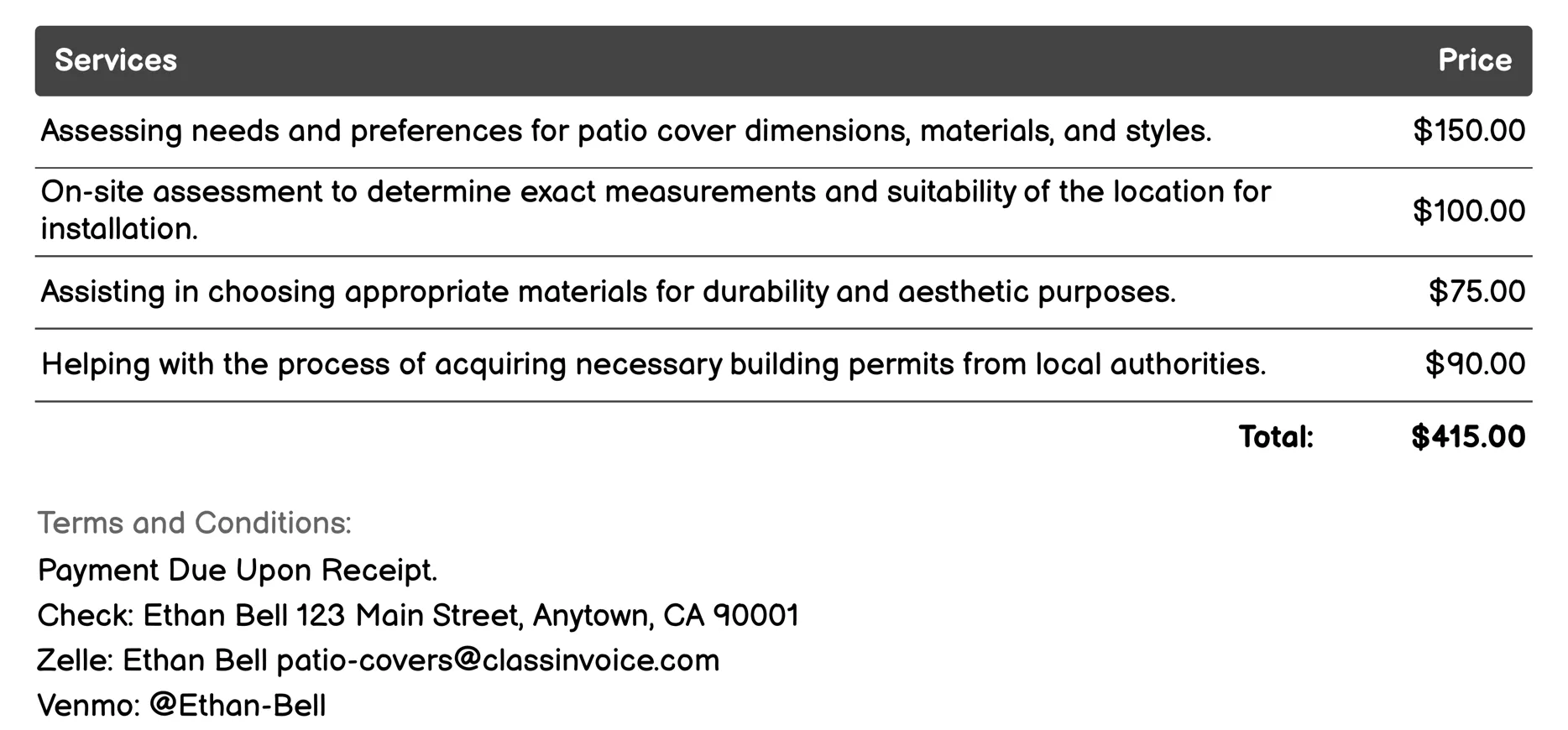 Retractable Patio Covers Invoice Example