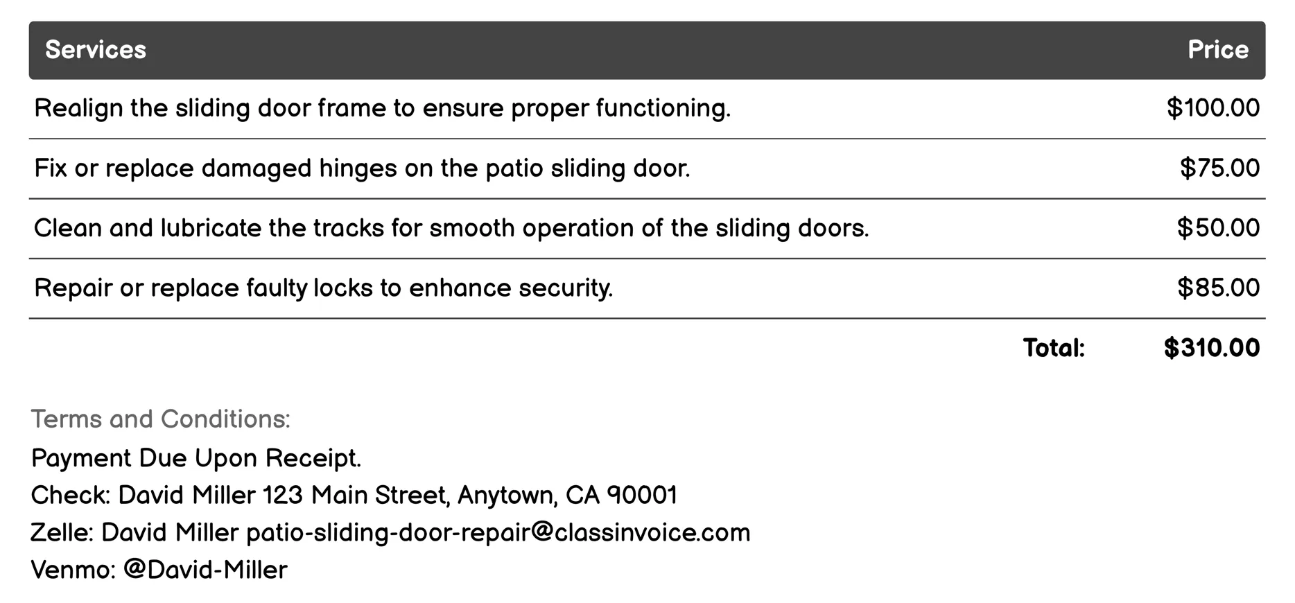 Door Frame Repair Invoice Example