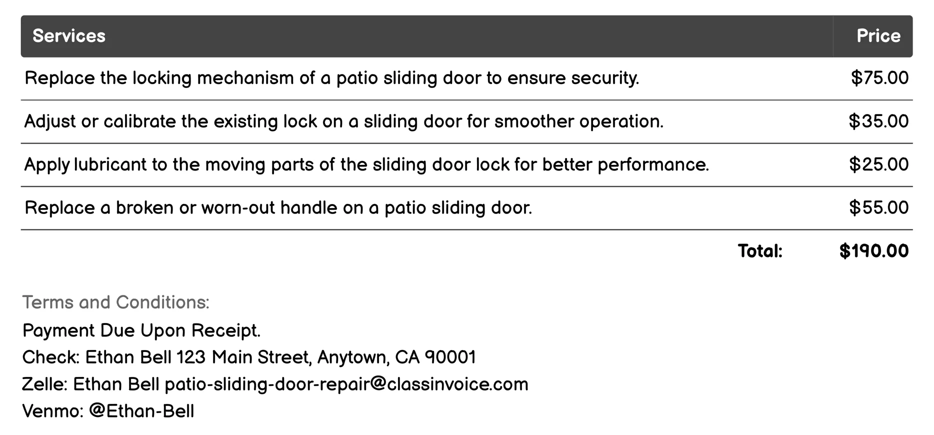 Door Lock Repair Invoice Example