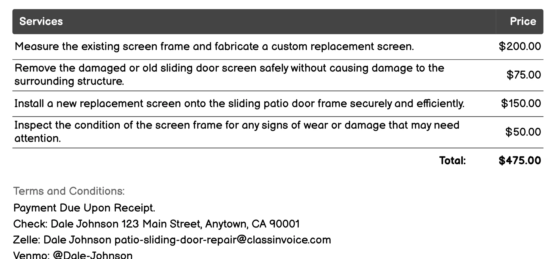 Screen Replacement Invoice Example