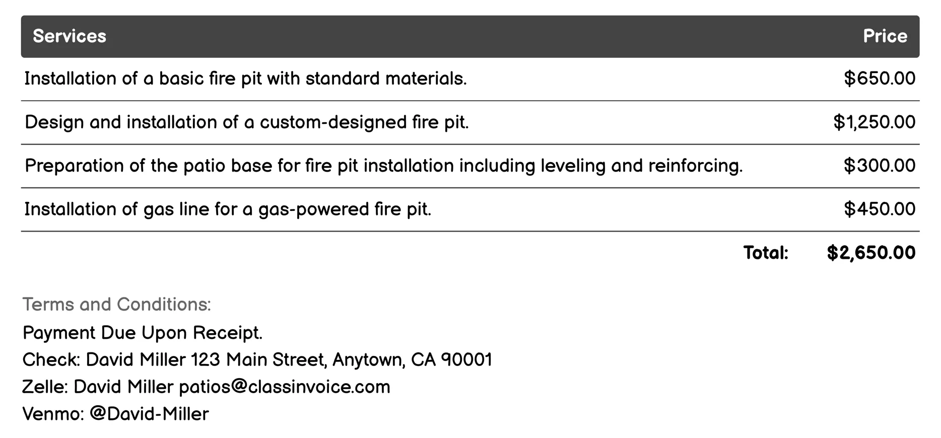 Fire Pit Installation Invoice Example