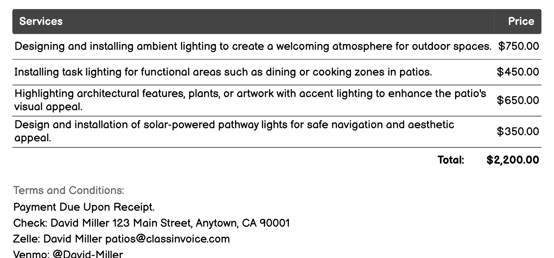 Lighting Design Invoice Example