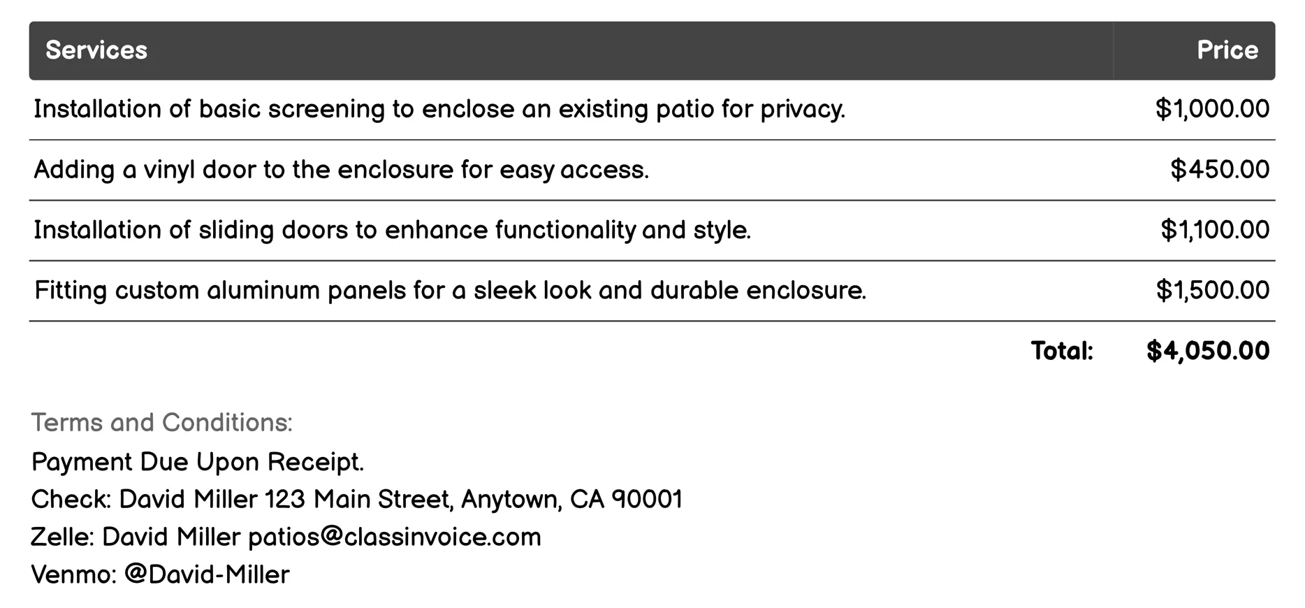 Patio Enclosure Services Invoice Example