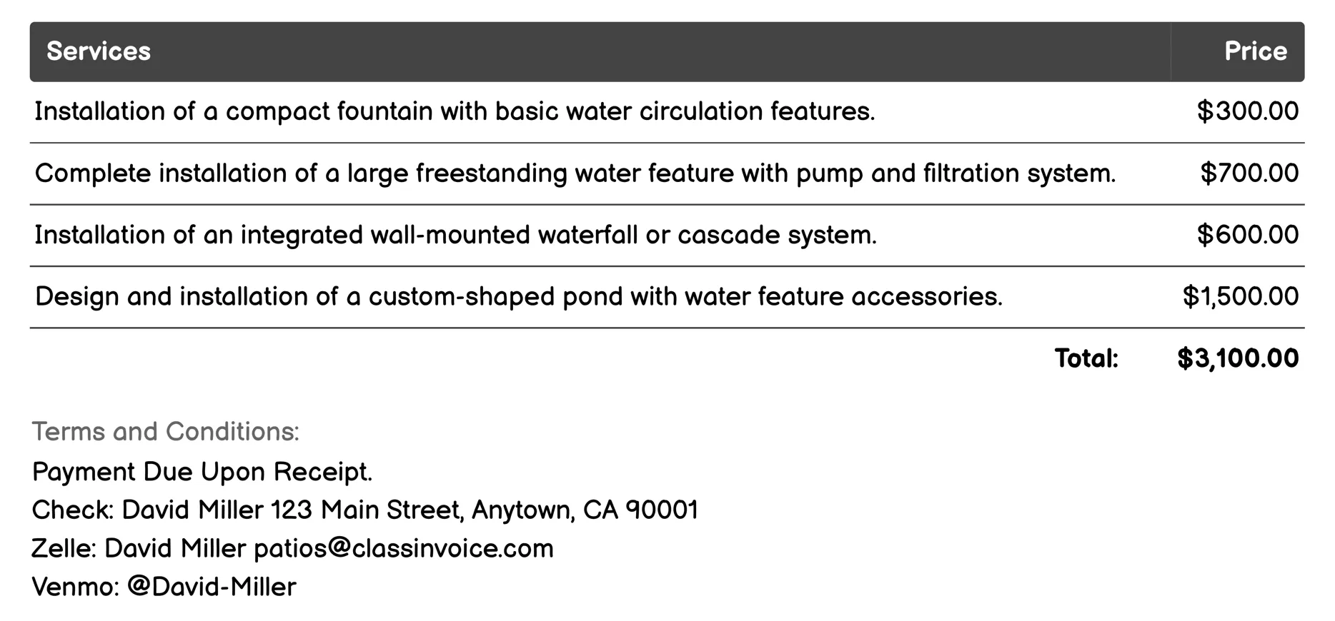 Water Feature Installation Invoice Example