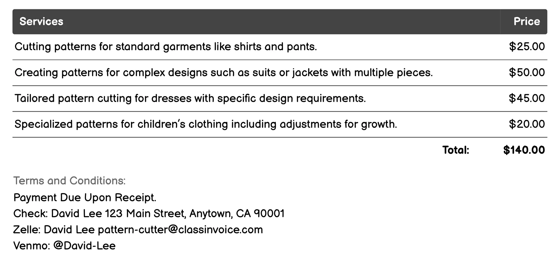 Custom Tailoring Services Invoice Example