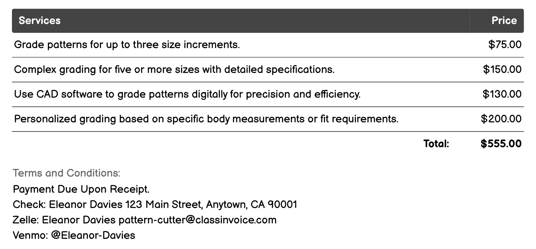 Pattern Grading Services Invoice Example