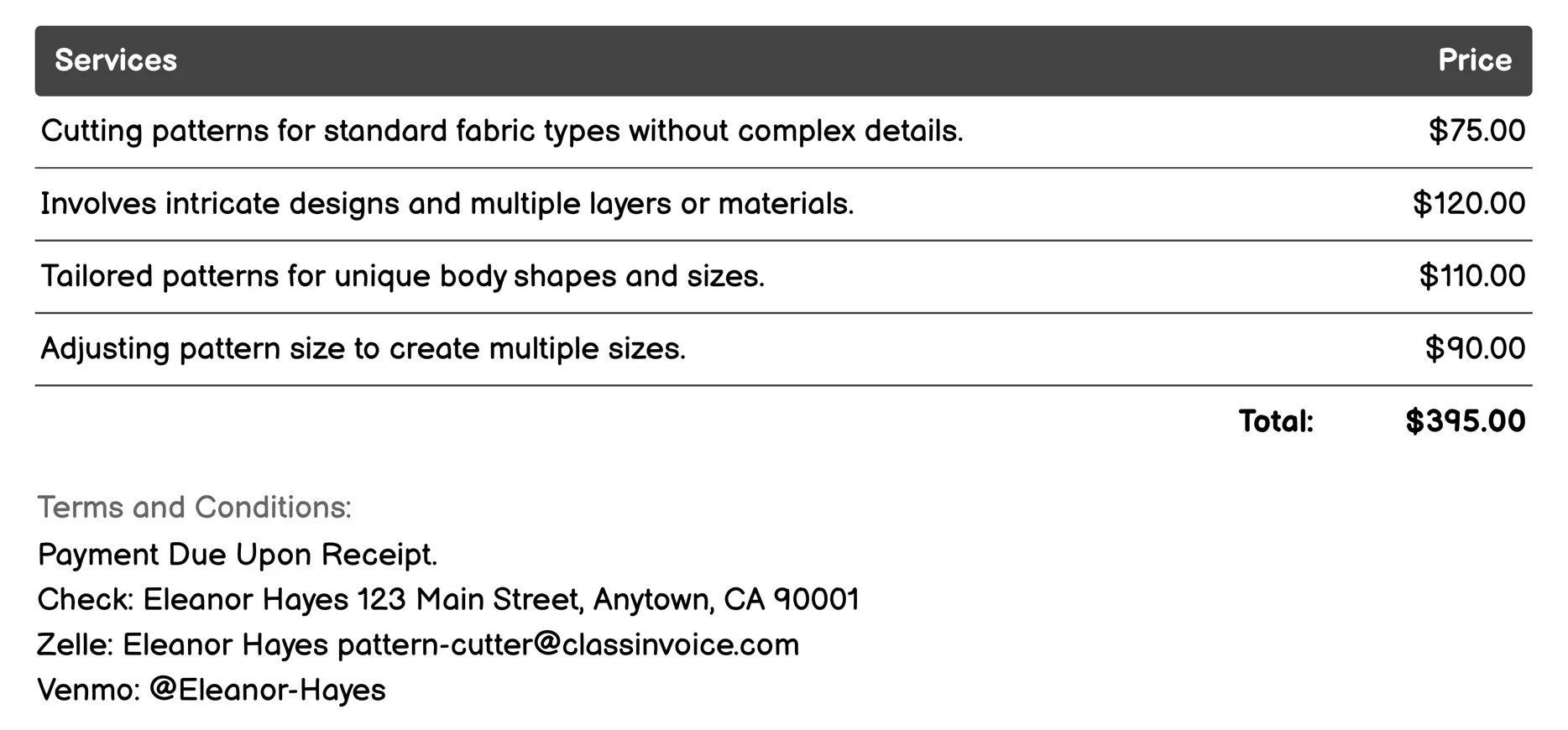 Technical Pattern Making Invoice Example