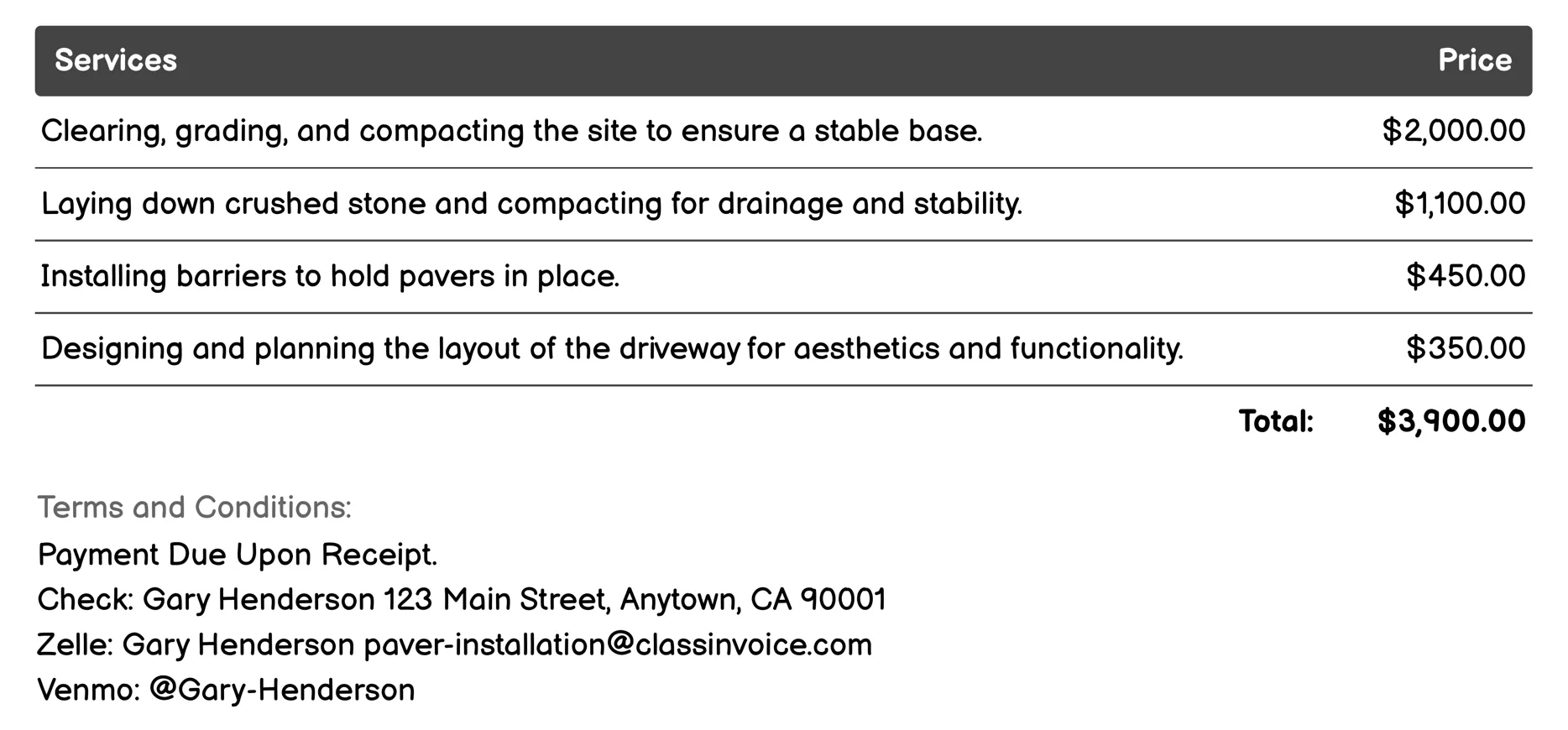 Paver Driveway Installation Invoice Example
