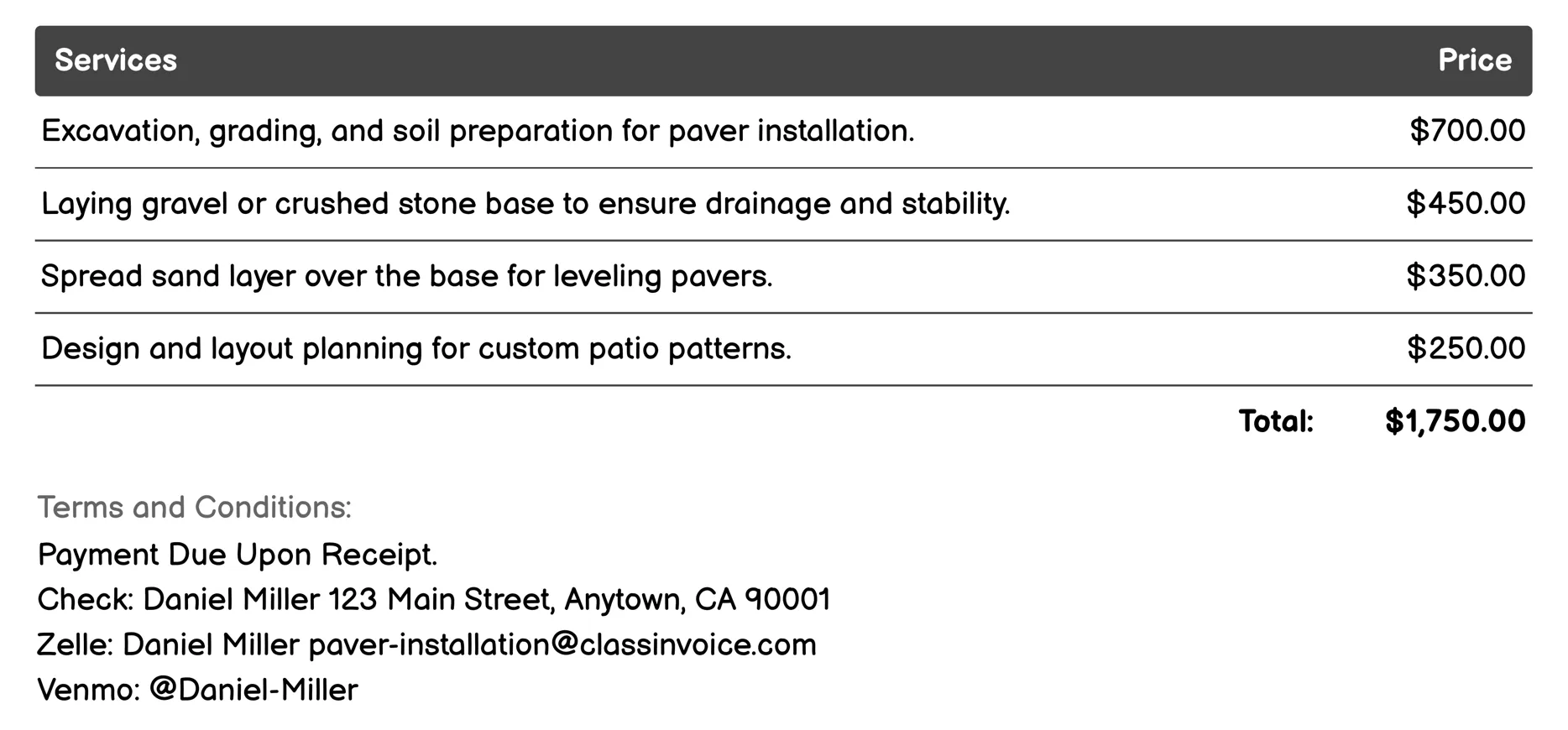 Paver Patio Installation Invoice Example