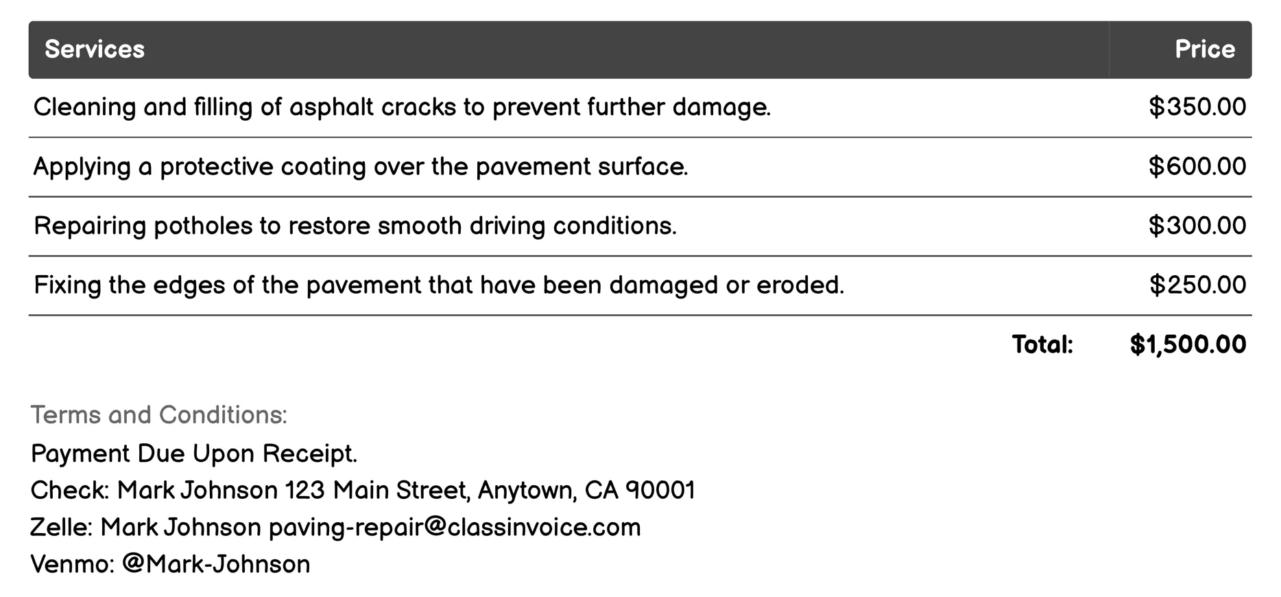 Asphalt Crack Filling Invoice Example