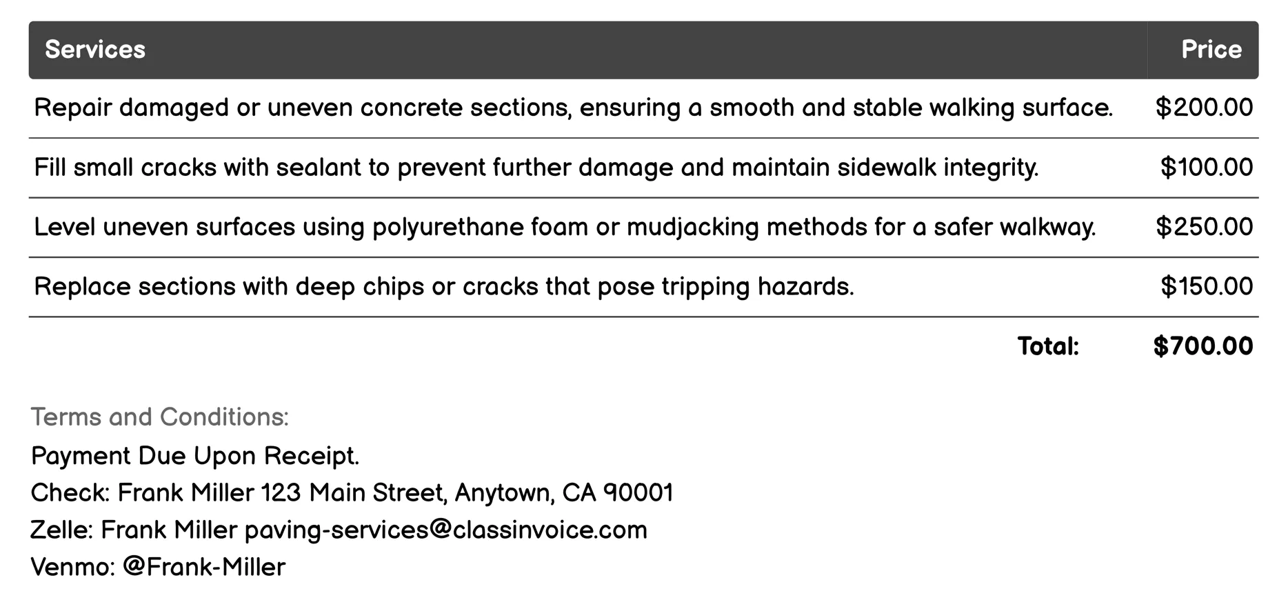 Sidewalk Repair Invoice Example