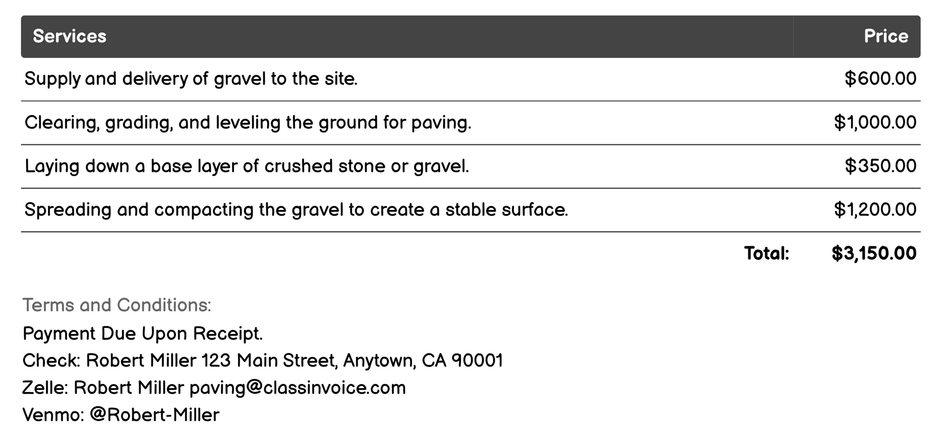 Gravel Paving Invoice Example